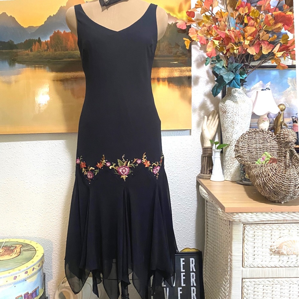 Vintage 90s witchy fairy dark romance Floral Midi Dress Whimsygoth Women Black M